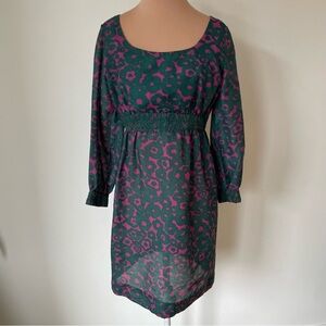 Vintage Handmade 60s Homespun Green Pink Floral Long Sleeve Crochet Accent Dress